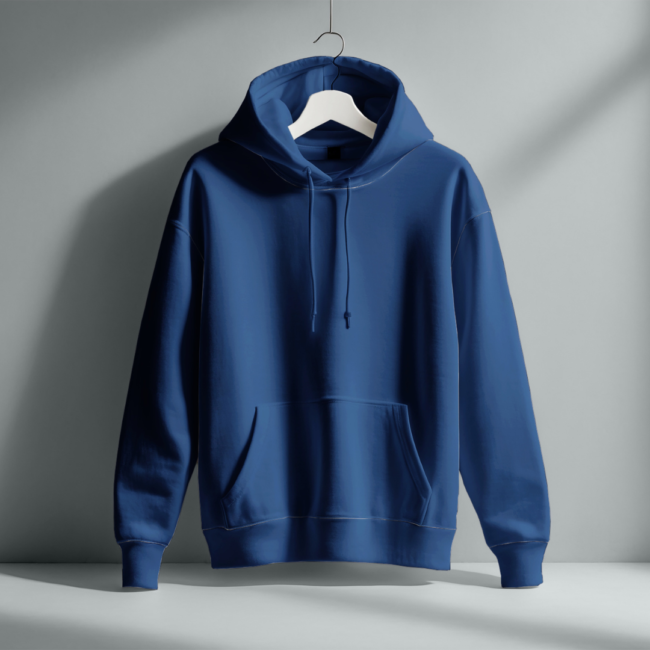 Navy blue hoodie with a comfortable, laid-back fit, perfect for casual wear.