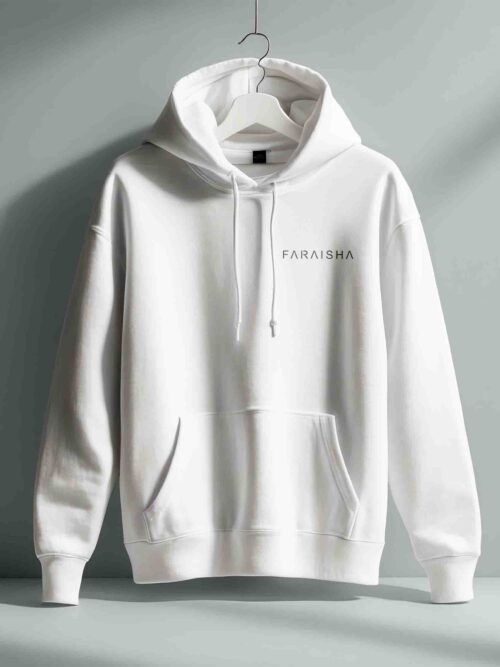 Cozy white Faraisha hoodie with a modern design, perfect for both men and women.